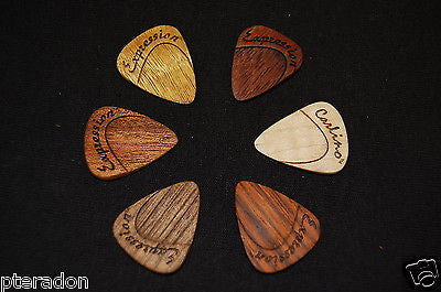 Laser Engraved Carlino Expression Wooden Guitar Picks, 6 pack Exotic woods