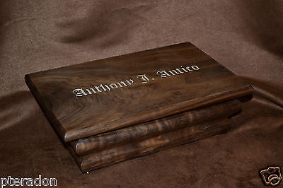 Jewelry Box, Custom Made, Flamed Bastogne Walnut, Full Inlaid Engraved Name